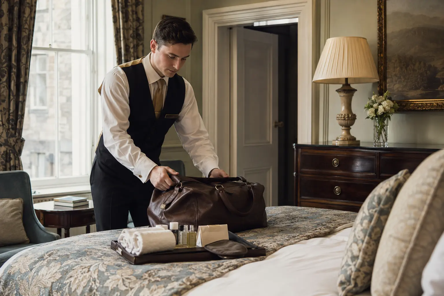 Hotel team member completing a customer request in a prepared guest room