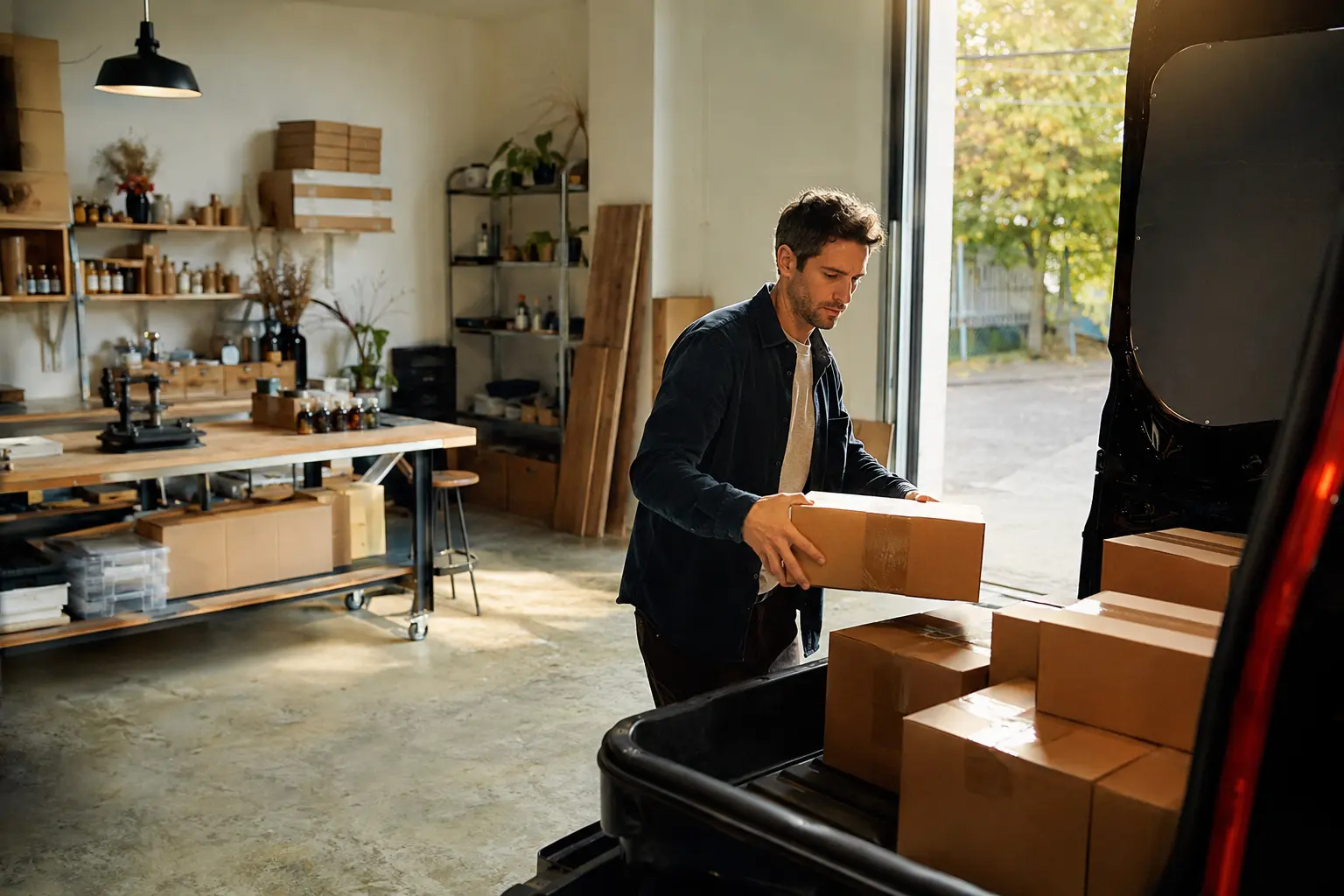 Small business owner preparing completed customer orders for delivery