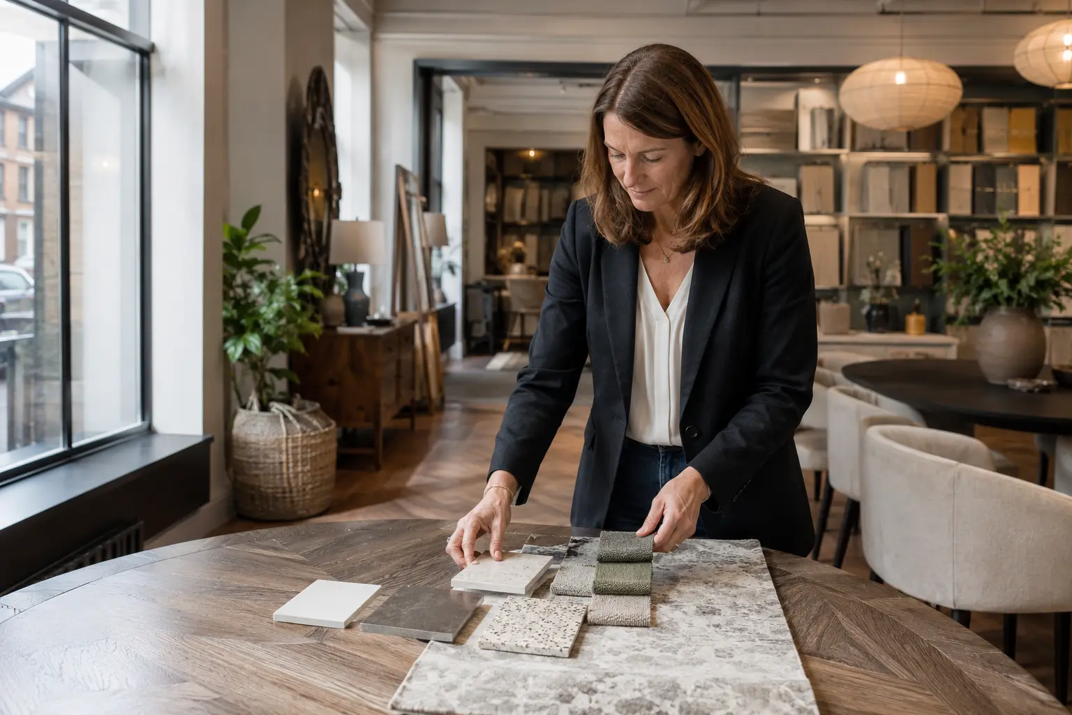 Showroom owner selecting relevant samples before a customer appointment